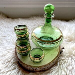 Vintage Czech Bohemia Crystal Green Decanter with 6 Glass Set Gold Bands Antique